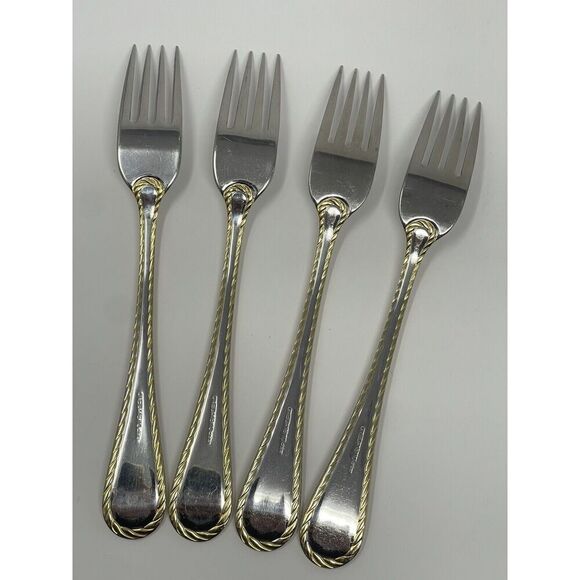 Oneida GOLDEN BELMONT Stainless Rope Edge Gold Dinner Forks 8 1/8” Set Of 4 - Picture 5 of 7